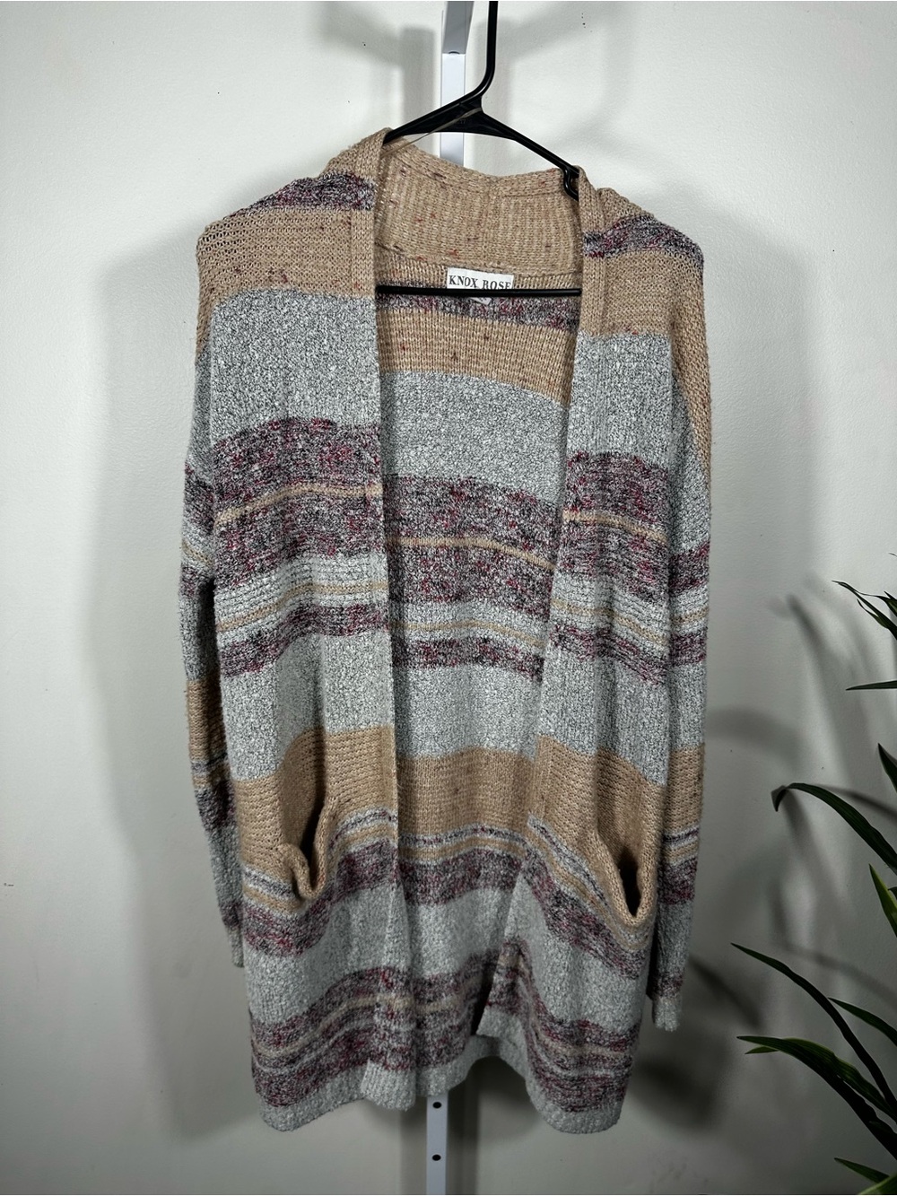 G11. Knox Rose Striped Open-Front Cardigan - Gray & Tan
